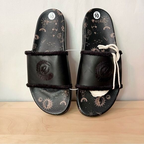 NEW Johnny Was Calme black leather astrology fur lined slip on slide sandals 9 - Picture 2 of 8